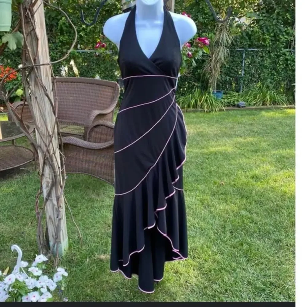 Vintage 90s Womens Black Halter Dress Ruffles Pink Trim